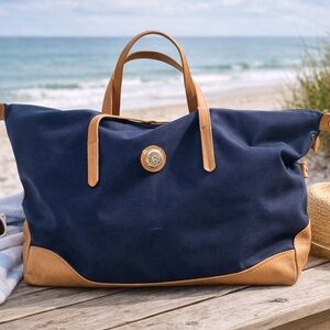 Tommy Hilfiger Navy & Tan Nylon Tote Bag with Leather Trim